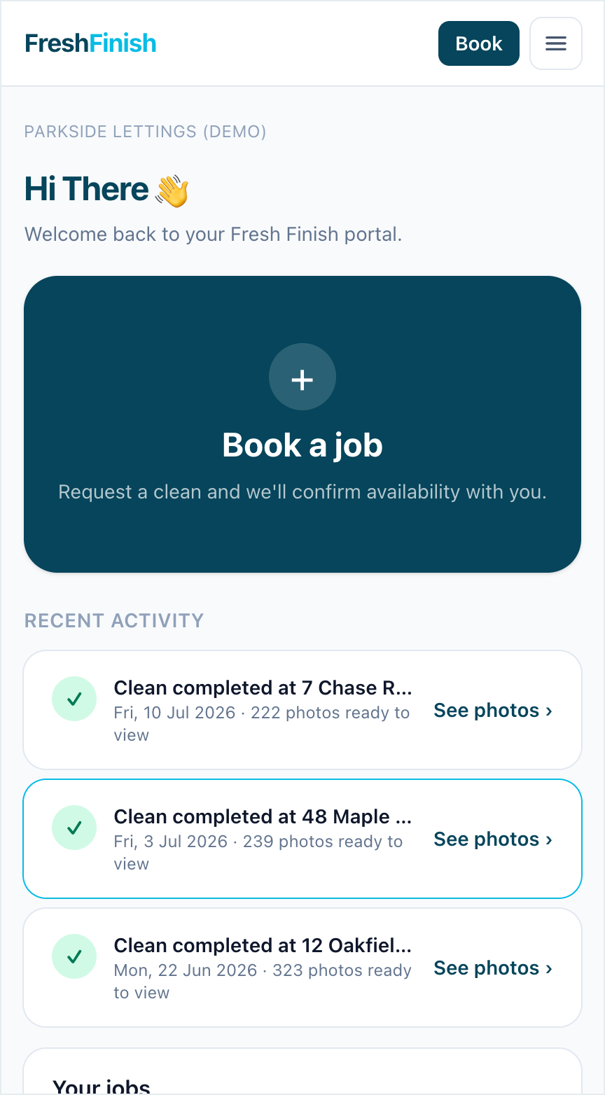 The Fresh Finish client portal showing completed cleans with photos